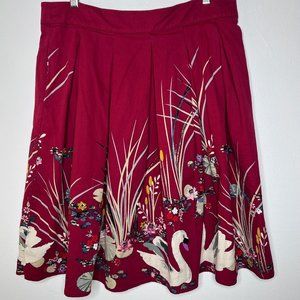 Women's Pleated Swing Skirt XL Midi Maroon Swan Lily Pad Cotton Zip A-line Retro